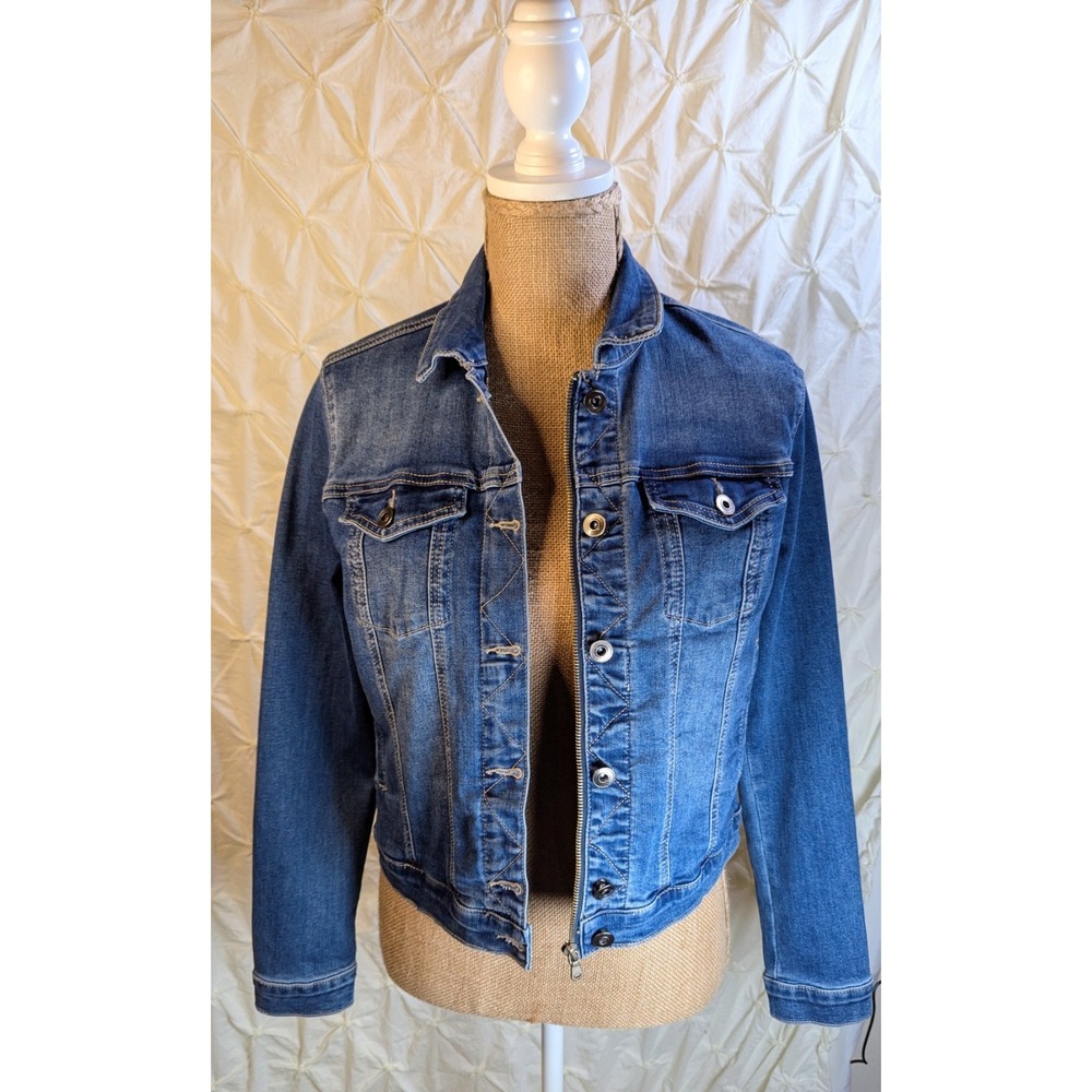 Women's Dark Blue Trucker Jean Jacket Zipper & Button Closure Size‎ Small